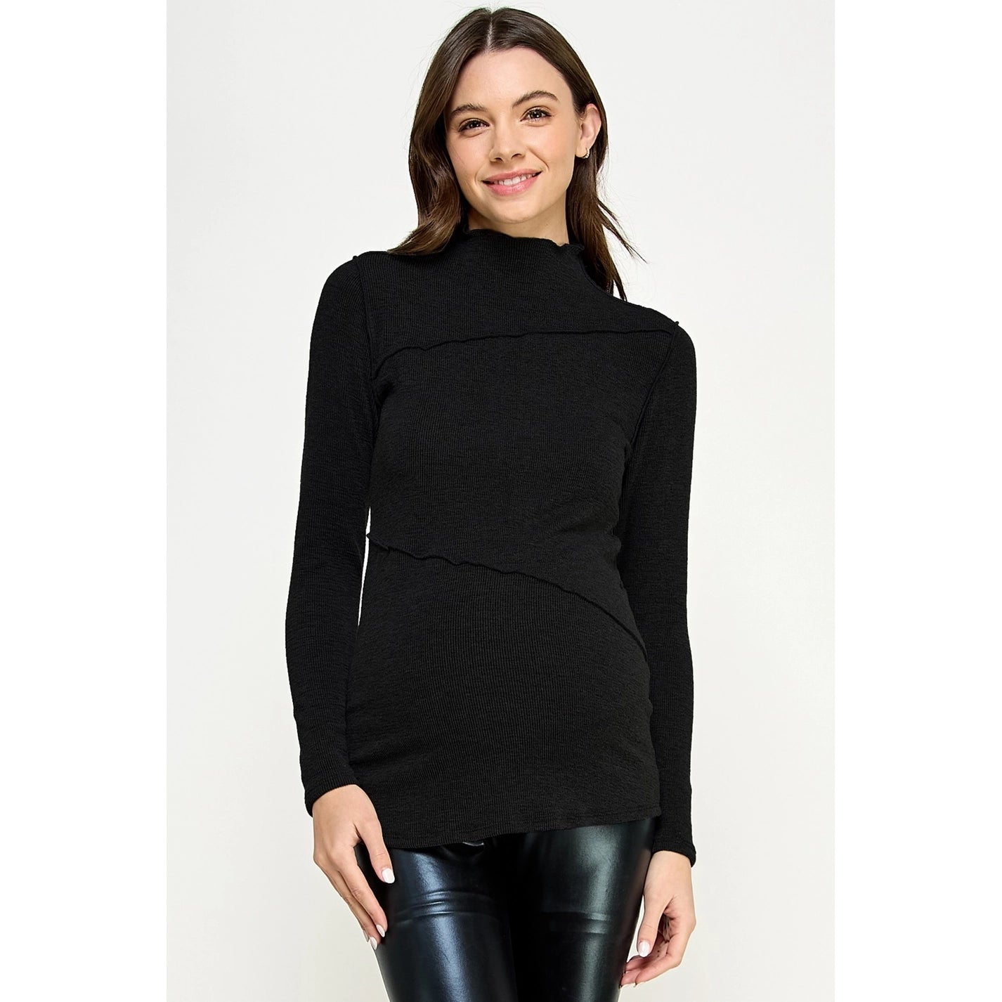 Rib-Knit Mock Neck Maternity Top with Seam Detail