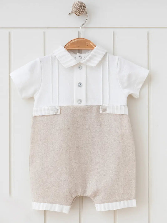 Cotton and Linen Elegant Style Boy Striped Natural Romper