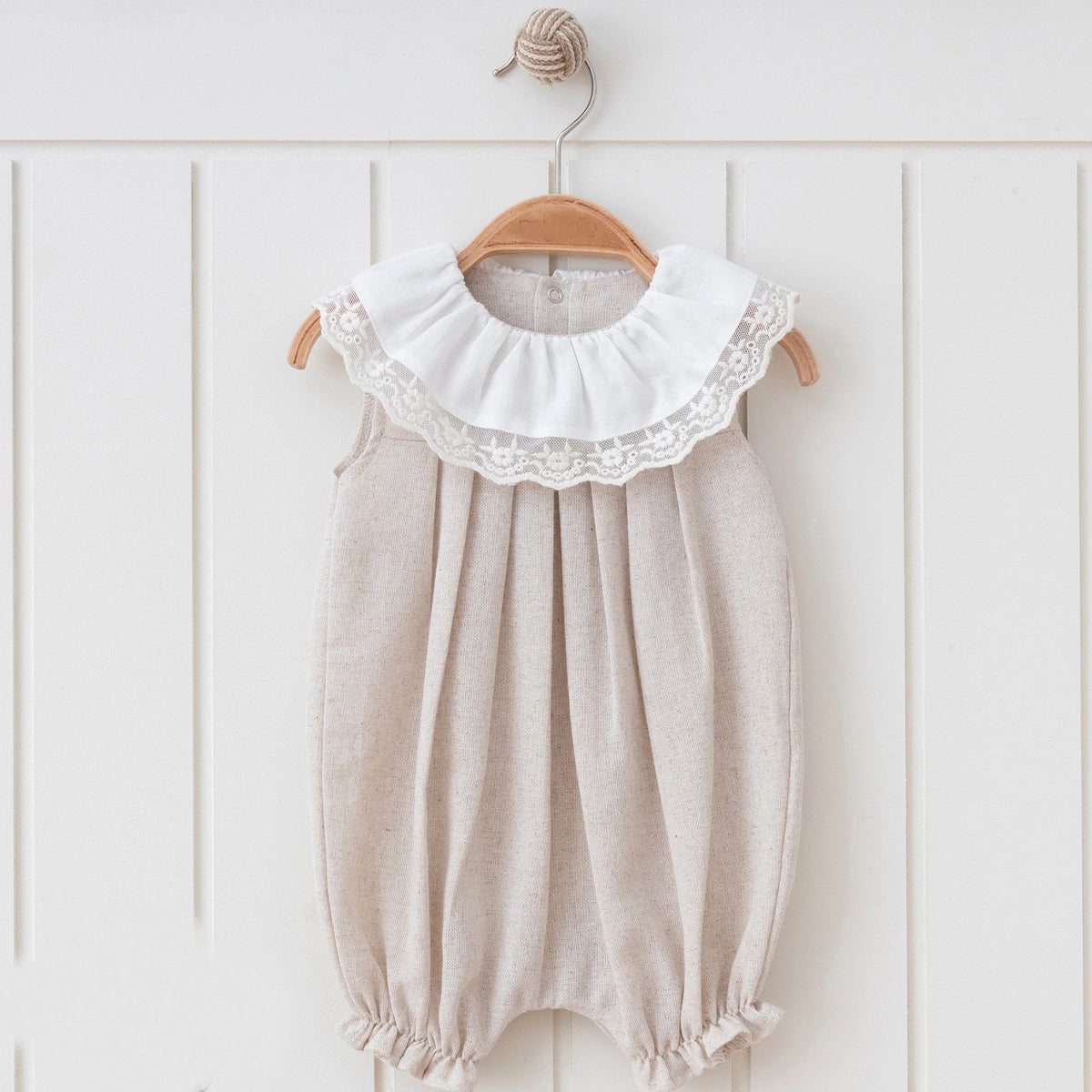 Natural Linen Girl Lace Collar Romper