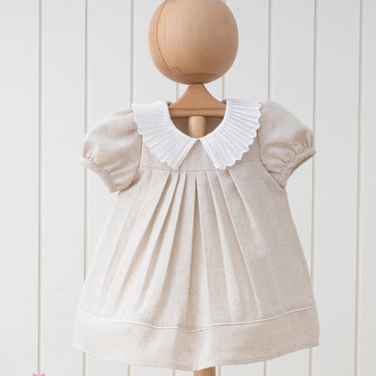 Natural Half Puff Sleeve Linen Special Collar Dress