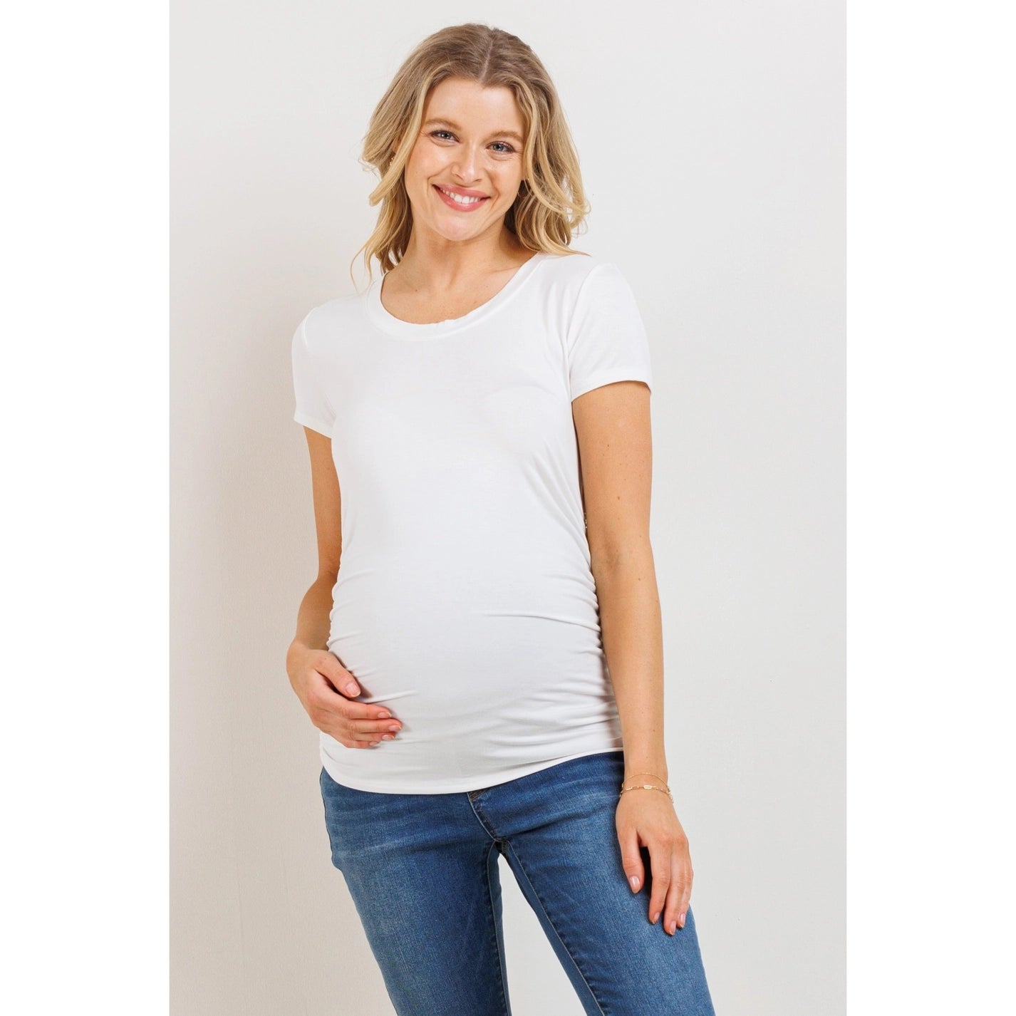 Round Neck Short Sleeve Maternity Ruched T-Shirt